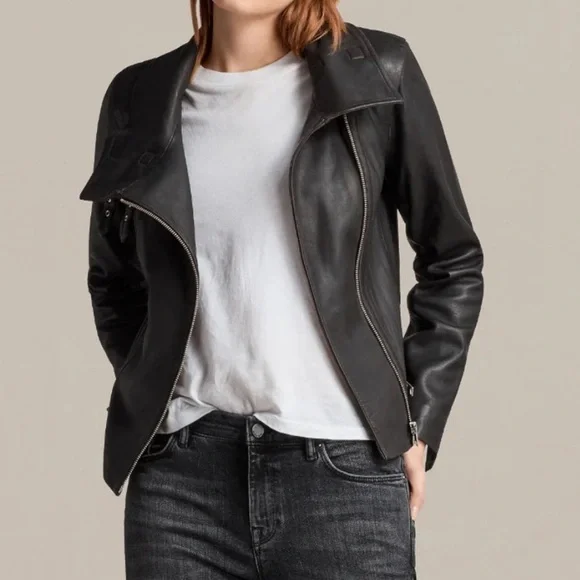 AllSaints Bales Leather Biker Jacket Black Lamb Leather Asymmetric Zip – US 0 - Picture 8 of 10
